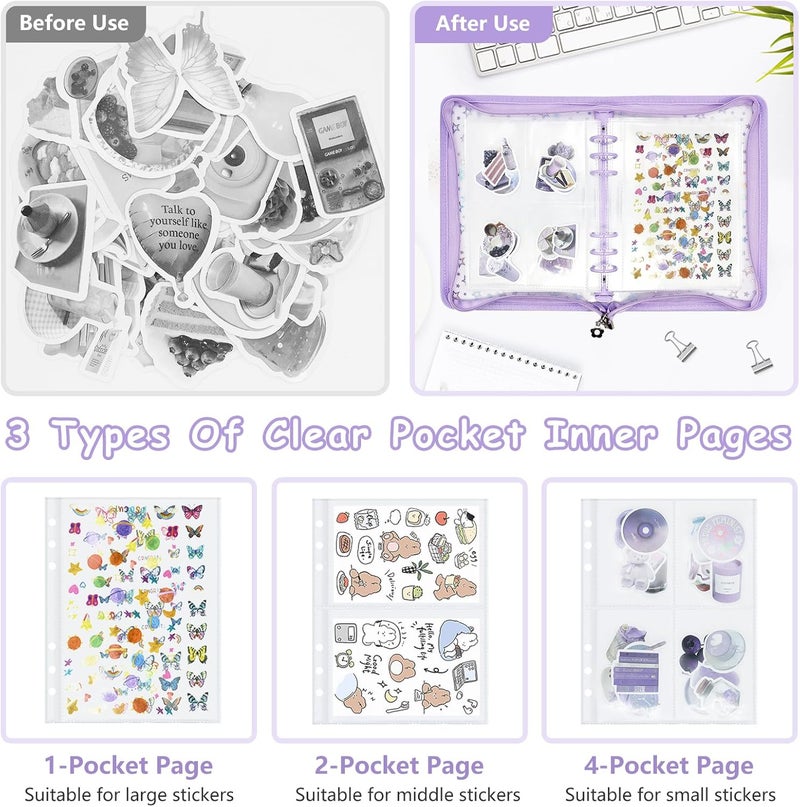 Ruatu Sticker Organizer Binder - Reusable Sticker Collecting Book Storage Album Holder with Pocket Pages A5 Zipper Cover Collection Container (Purple) - Image 3